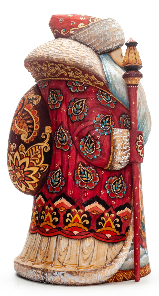250 mm Santa with a Lamp and a Magic Staff with handpainted Children in the Woods Wooden Carved Statue (by Sergey Christmas Workshop)