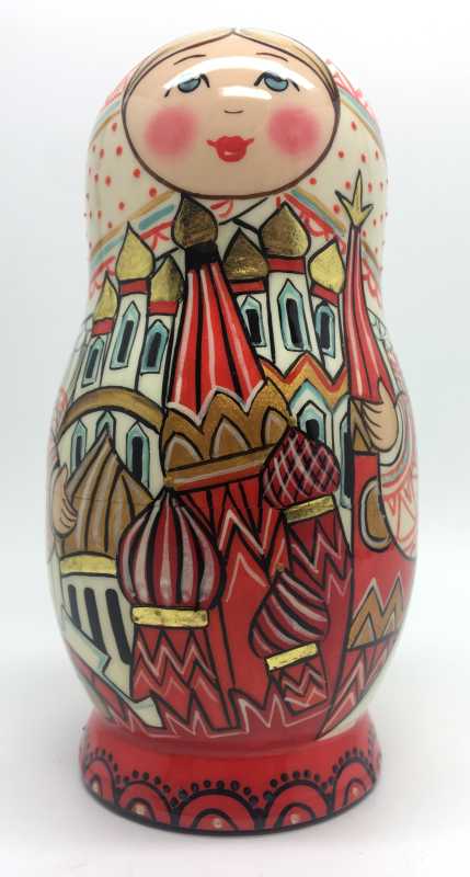 150 mm Moscow Snt Basil Cathedral and Kremlin hand painted by Lentuloff on wooden Matryoshka doll 5 pcs (by A Studio)