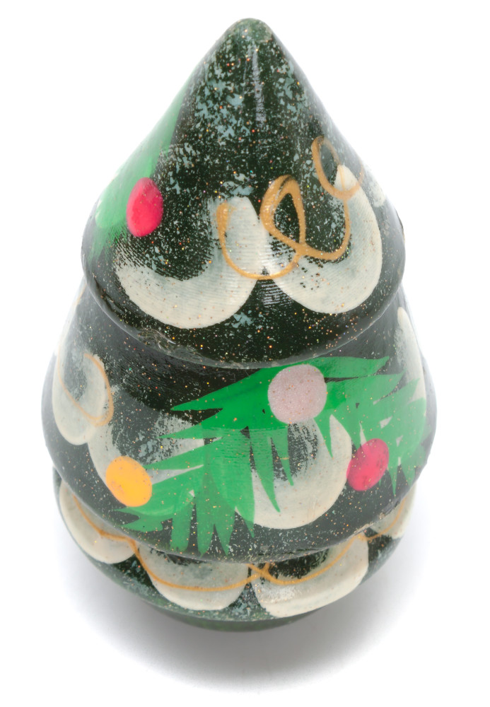 115 mm Christmas Wooden Green Tree with Hand Painted Garlands and Decorations Rolly-Poly