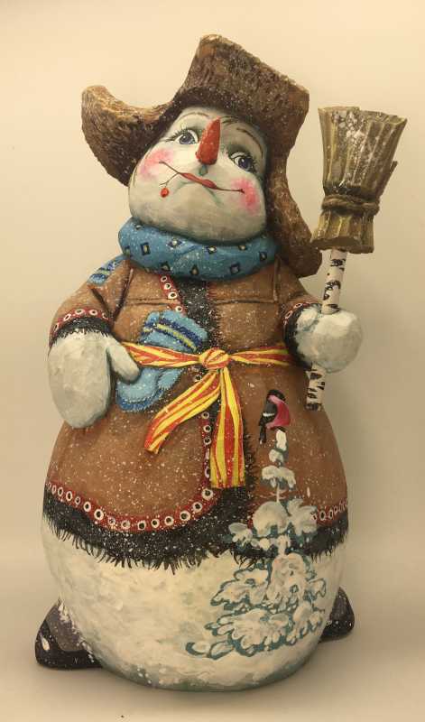 25cm Snowman in a Caftan with Gloves and Broom hand painted by Karpova Nadezda