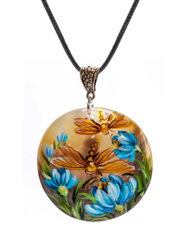 d50 mm Dragonfly on the Flower hand painted Nacre Pendant (by Tatiana Shkatulka Crafts)