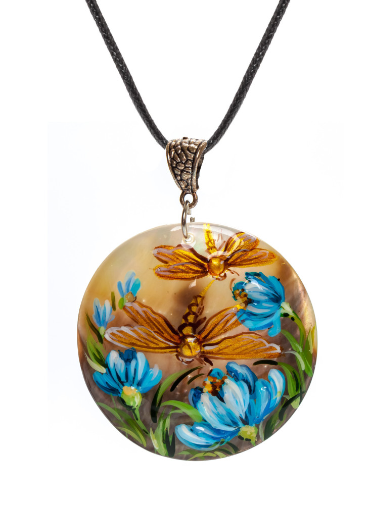 d50 mm Dragonfly on the Flower hand painted Nacre Pendant (by Tatiana Shkatulka Crafts)