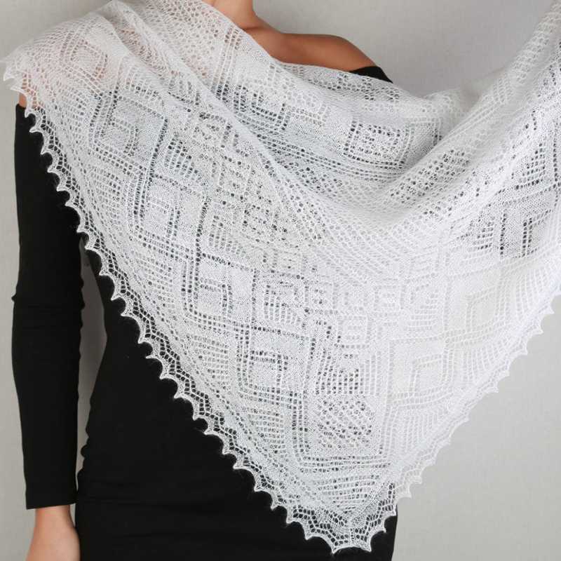 100x100 cm White Goat Down Hand Knitted Russian Orenburg Shawl (by Orenburg Factory)
