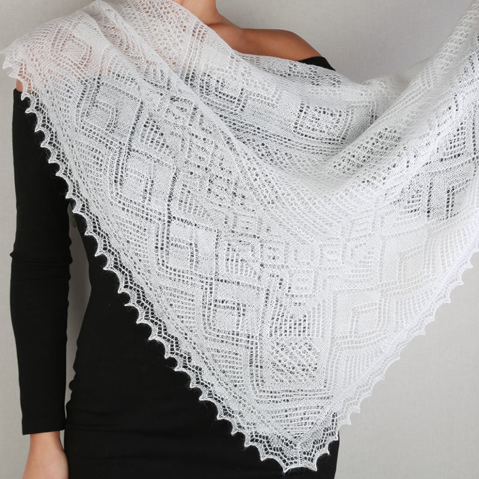 100x100 cm White Goat Down Hand Knitted Russian Orenburg Shawl (by Orenburg Factory)