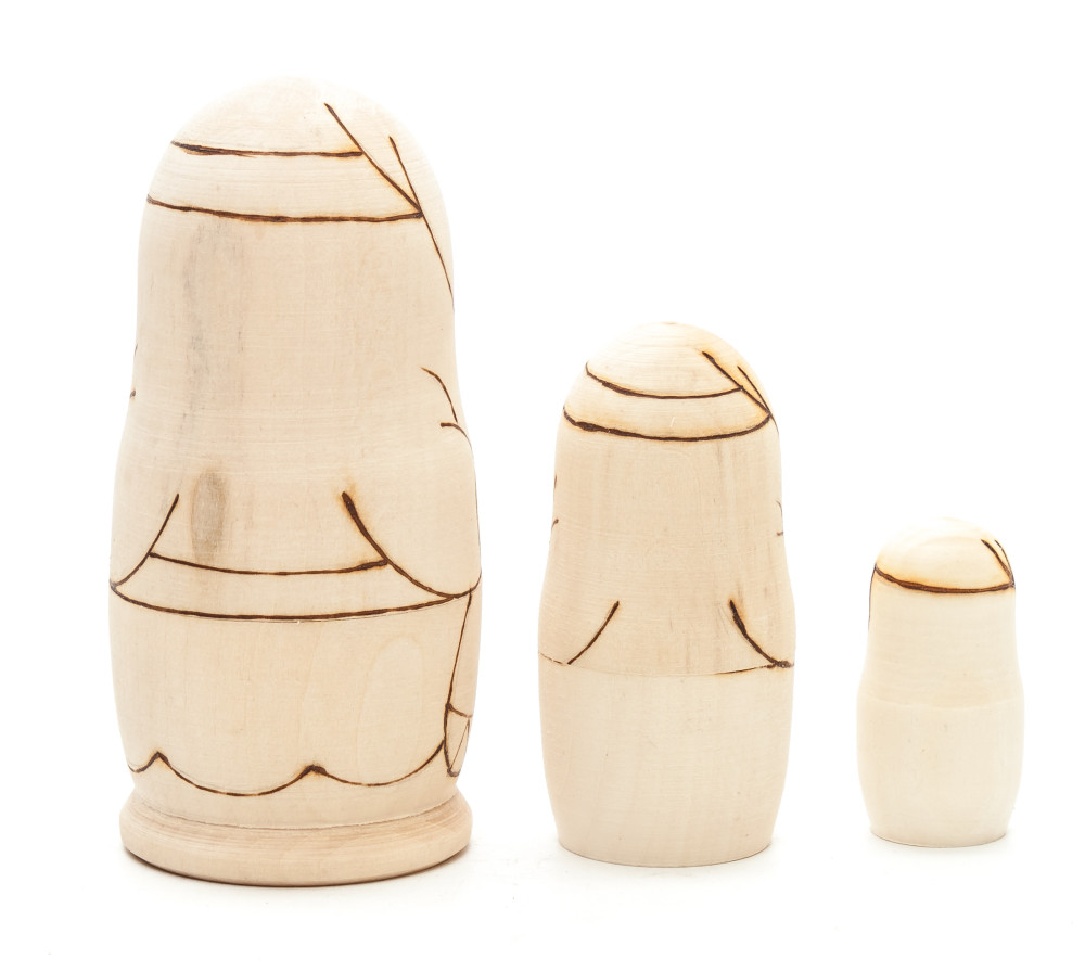 100 mm Blanc Matryoshka 1-st Russian doll 3 pcs inside with paints, brushes, instruction manual (by Sergey Carved Wooden Dolls)