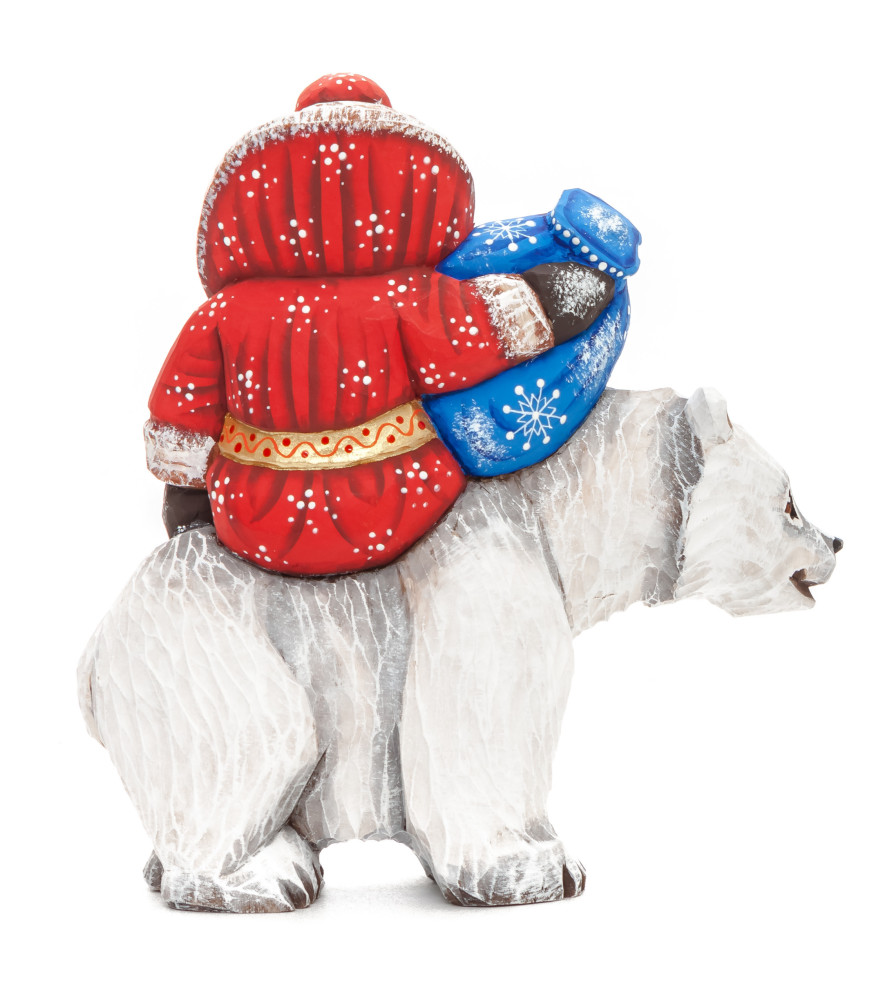 160 mm Santa with a Bag riding the Bear Carved Wood Hand Painted Collectible Figurine (by Sergey Christmas Workshop)