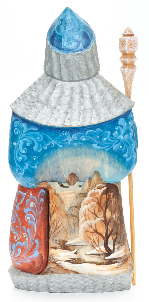 230 mm Santa with a Magic Staff and a Bag with handpainted Deers Wooden Carved Statue (by Igor Carved Wooden Figures Studio)