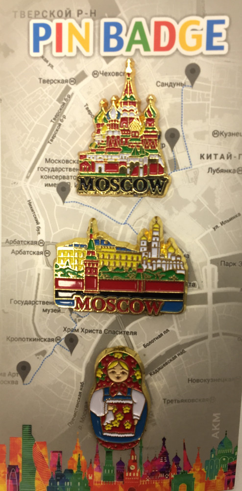 Moscow Famous Buildings and Russian Matryoshka set of 3  Metal Pins (by AKM Gifts)
