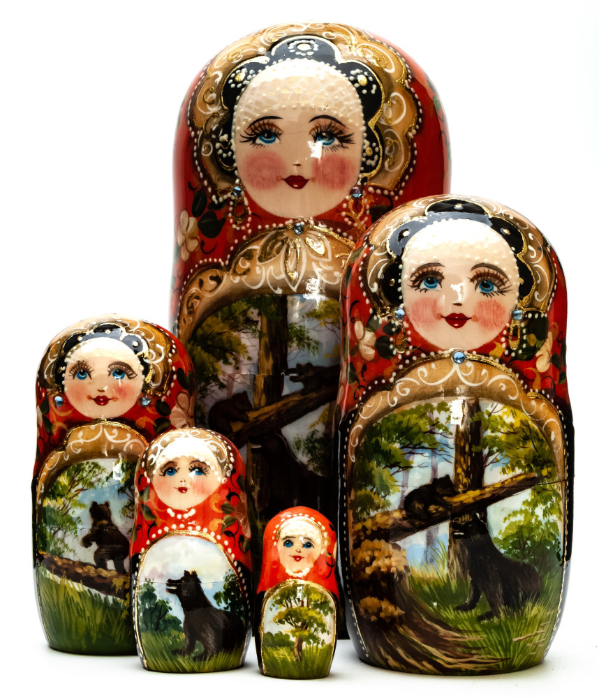  170 mm Morning in a Pine Forest hand painted on wooden Matryoshka doll 5 pcs (by A Studio)