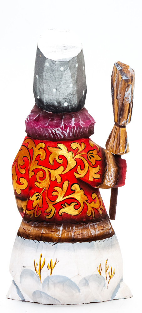 160 mm Snowman with a Broom hand painted wooden figurine (by Natalia Nikitina Workshop)