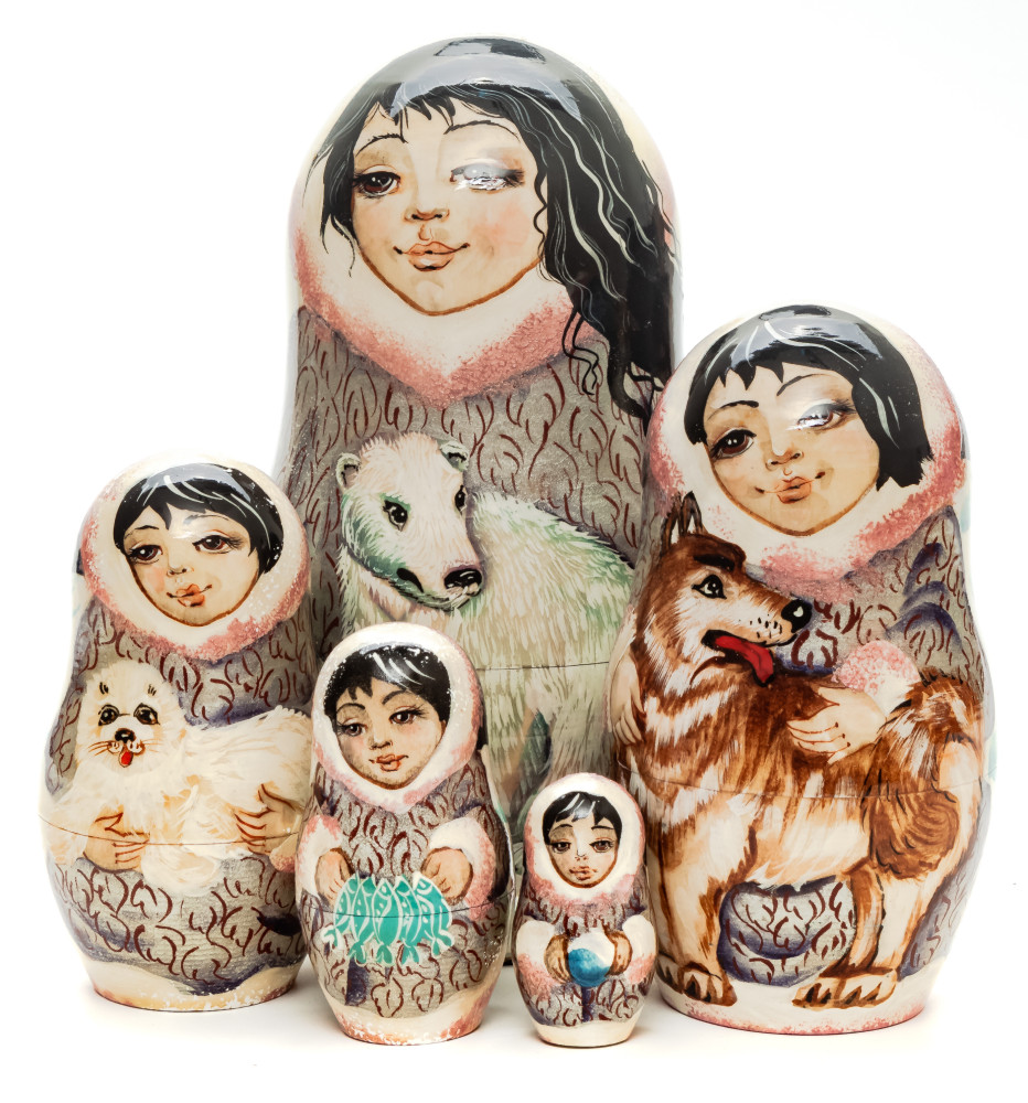 160 mm Escimo Girl with Bears hand painted on Wooden Matryoshka doll 5 pcs (by Valeria Crafts)
