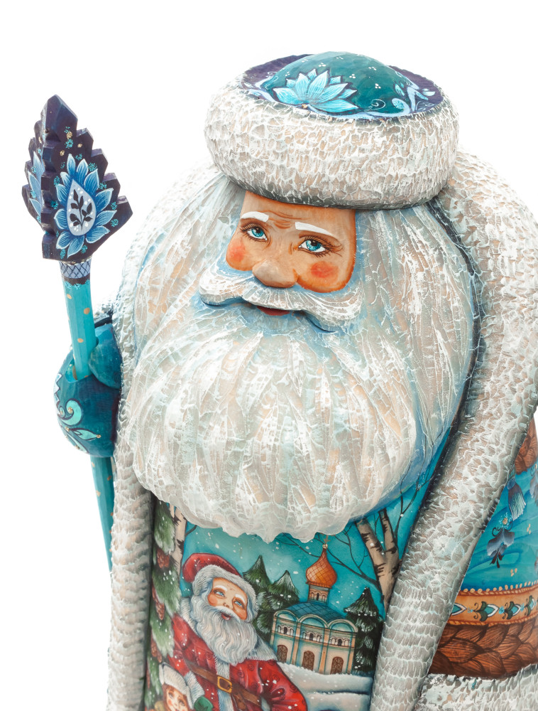 300 mm Santa with a Magic Staff and a Bag with hand painted Santa with Kids Carved Wood Collectible Figurine (by Sergey Christmas Workshop)