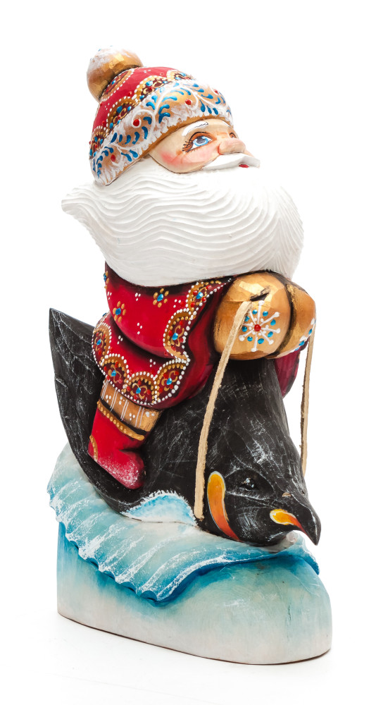 200 mm Santa riding a Penguin Carved Wood Hand Painted Collectible Figurine (by Igor Carved Wooden Figures Studio)