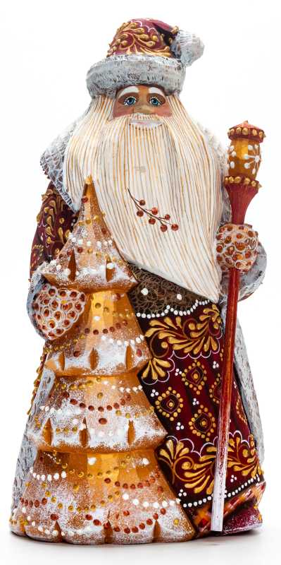 240 mm Santa with a Magic Staff and a Christmas Green Tree Carved Wood Hand Painted Collectible Figurine (by Natalia Nikitina Workshop)