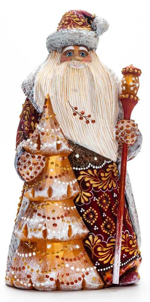 240 mm Santa with a Magic Staff and a Christmas Green Tree Carved Wood Hand Painted Collectible Figurine (by Natalia Nikitina Workshop)