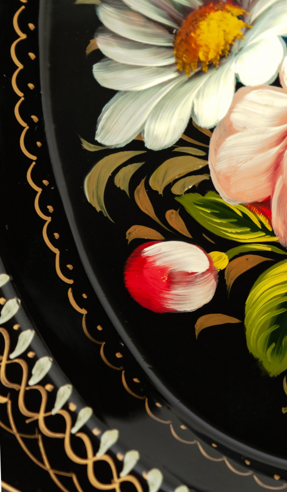 180x220 mm Zhostovo Patterns hand painted and lacquered Metal Forged Black Tray (by Lada Crafts)