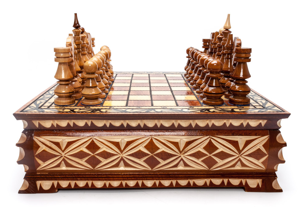 305x305 mm Hand Carved Chess Pieces on Inlaid Wood Board Box (by Fyodor Chess Workshop)