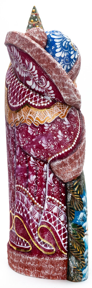 260 mm Santa with a Bag and a Christmas Green Tree Carved Wood Hand Painted Collectible Figurine (by Igor Carved Wooden Figures Studio)