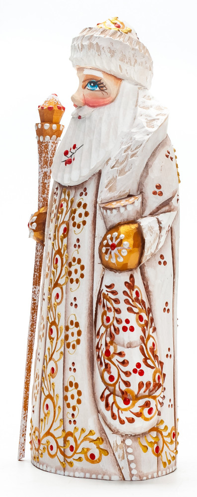 170 mm Santa with a Magic Staff and a Bag Carved Wood Hand Painted Collectible Figurine (by Natalia Nikitina Workshop)