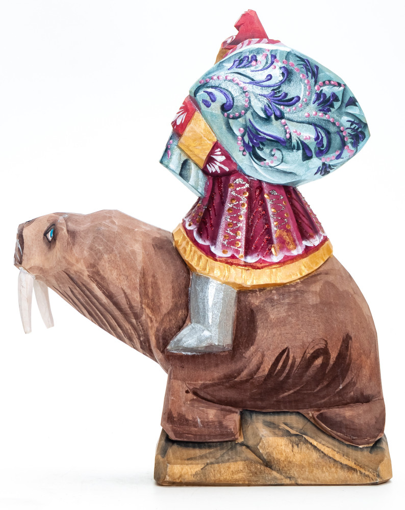 180 mm Santa with a Bag Riding the Walrus handpainted Wooden Carved Statue (by Igor Carved Wooden Figures Studio)