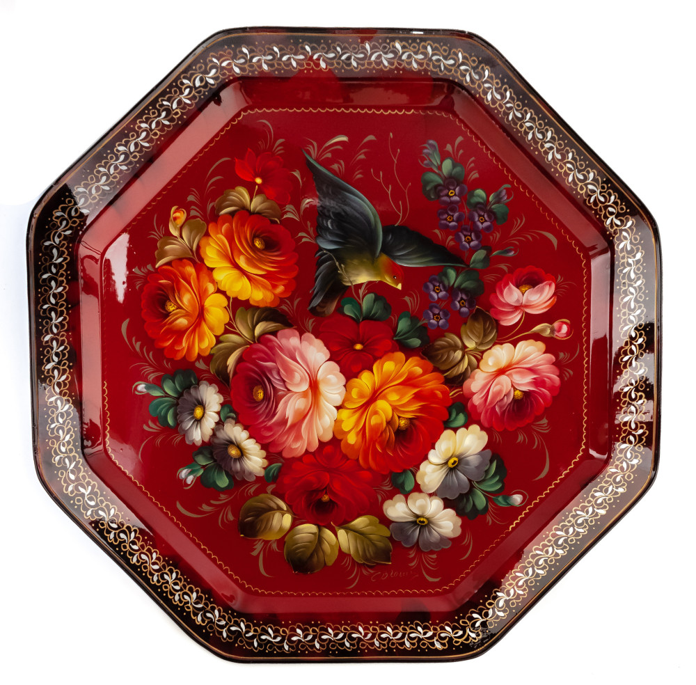  d 440 mm Zhostovo Patterns hand painted and lacquered by Gogin Metal Forged Tray (by Lada Crafts)