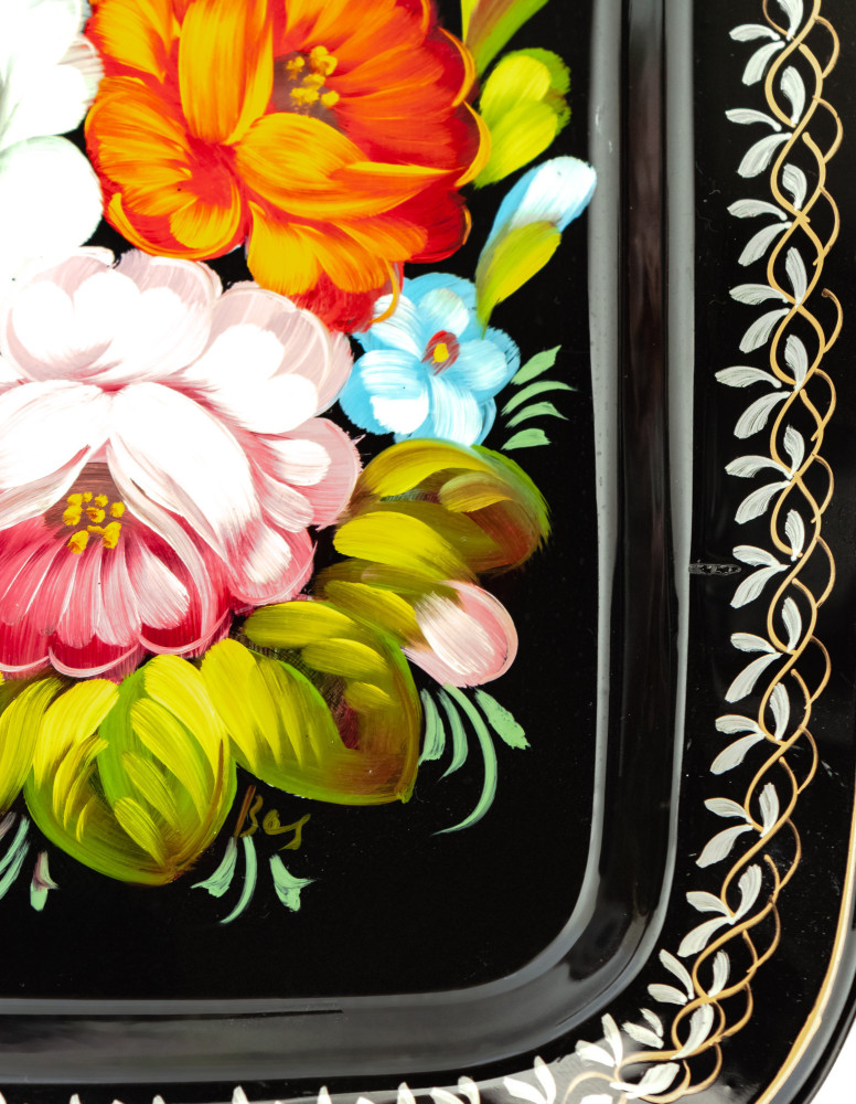 195x260 mm Zhostovo Patterns hand painted and lacquered Metal Forged Black Tray (by Lada Crafts)