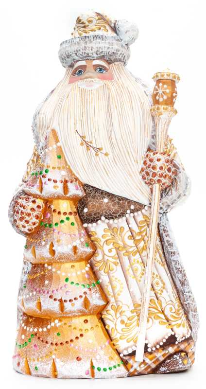 240 mm Santa Claus with a Green Christmas Tree and a Magic Staff Carved Wood Hand Painted Collectible Figurine (by Natalia Nikitina Workshop)