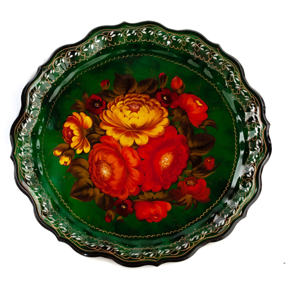 d 370 mm Zhostovo Patterns hand painted and lacquered by Golovina Metal Forged Tray (by Lada Crafts)