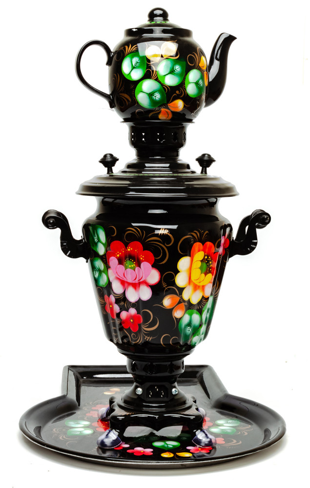 Zhostovo Hand Painted Electric Samovar Kettle with Teapot and Tray
