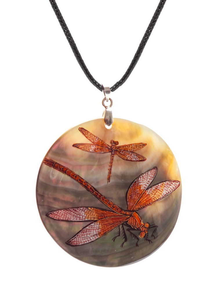 d50 mm Dragonflies hand painted Nacre Pendant (by Tatiana Shkatulka Crafts)