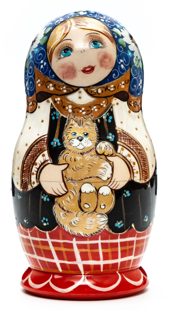 110 mm Russian Girl in Traditional Dress plays with Kitten hand painted wooden Matryoshka doll 5 pcs (by A Studio)