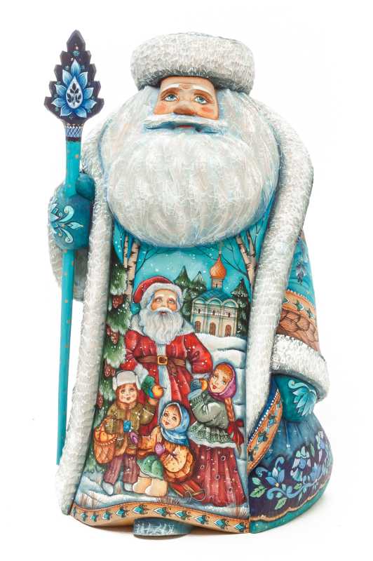 300 mm Santa with a Magic Staff and a Bag with hand painted Santa with Kids Carved Wood Collectible Figurine (by Sergey Christmas Workshop)