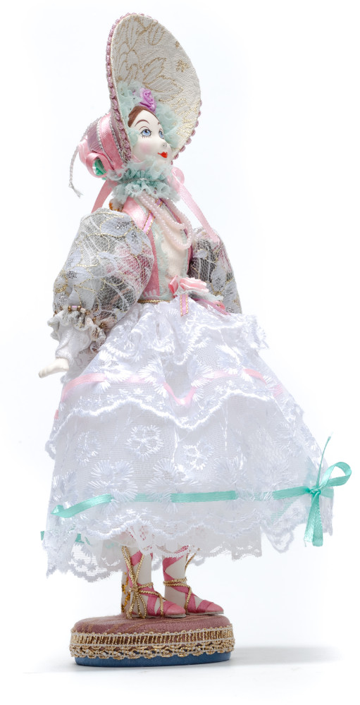 Girl in a Summer Dress and Hat Porcelain Doll on a Stand - 10 Inches