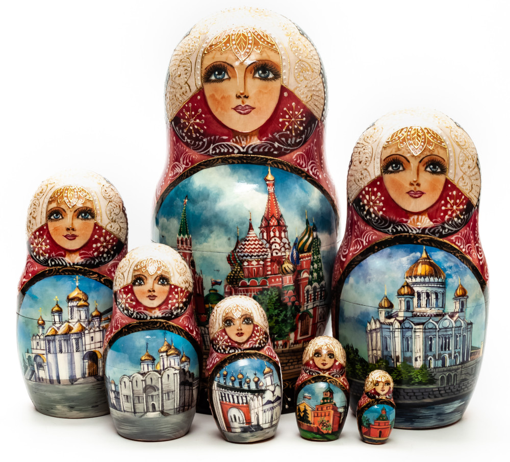  220 mm Moscow Saint Basil Cathedral hand painted on Wooden Matryoshka doll 7 pcs (by Trifinov Studio)