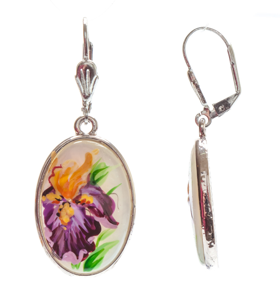 15x25 mm Flowers hand painted on Nacre Earrings (by Tatiana Shkatulka Crafts)