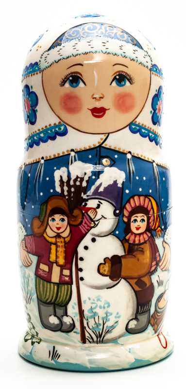 200mm Children making a Snowman hand painted Matryoshka round Doll 5pcs (by A Studio)
