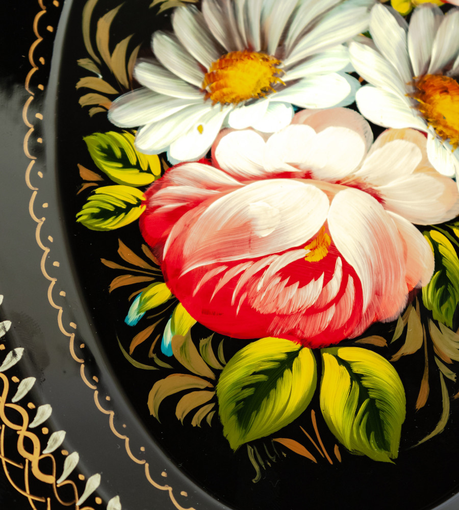 180x220 mm Zhostovo Patterns hand painted and lacquered Metal Forged Black Tray (by Lada Crafts)