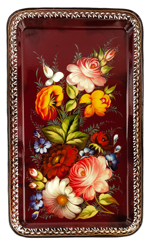 235x395 mm Zhostovo Patterns hand painted and lacquered by Blagova Metal Forged Carmine Tray (by Lada Crafts)