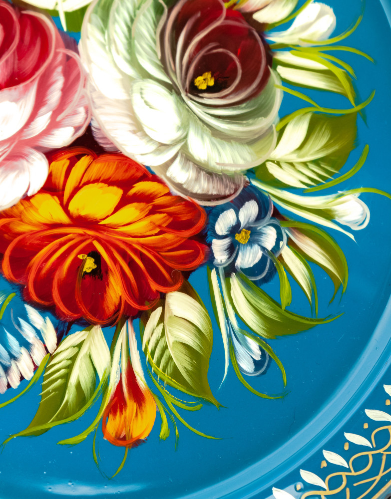 d 230 mm Zhostovo Patterns hand painted and lacquered Metal Forged Blue Tray (by Lada Crafts)