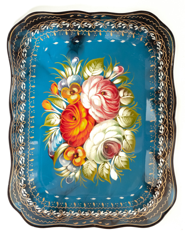 250x320 mm Zhostovo Patterns hand painted and lacquered Metal Forged Tray (by Lada Crafts)