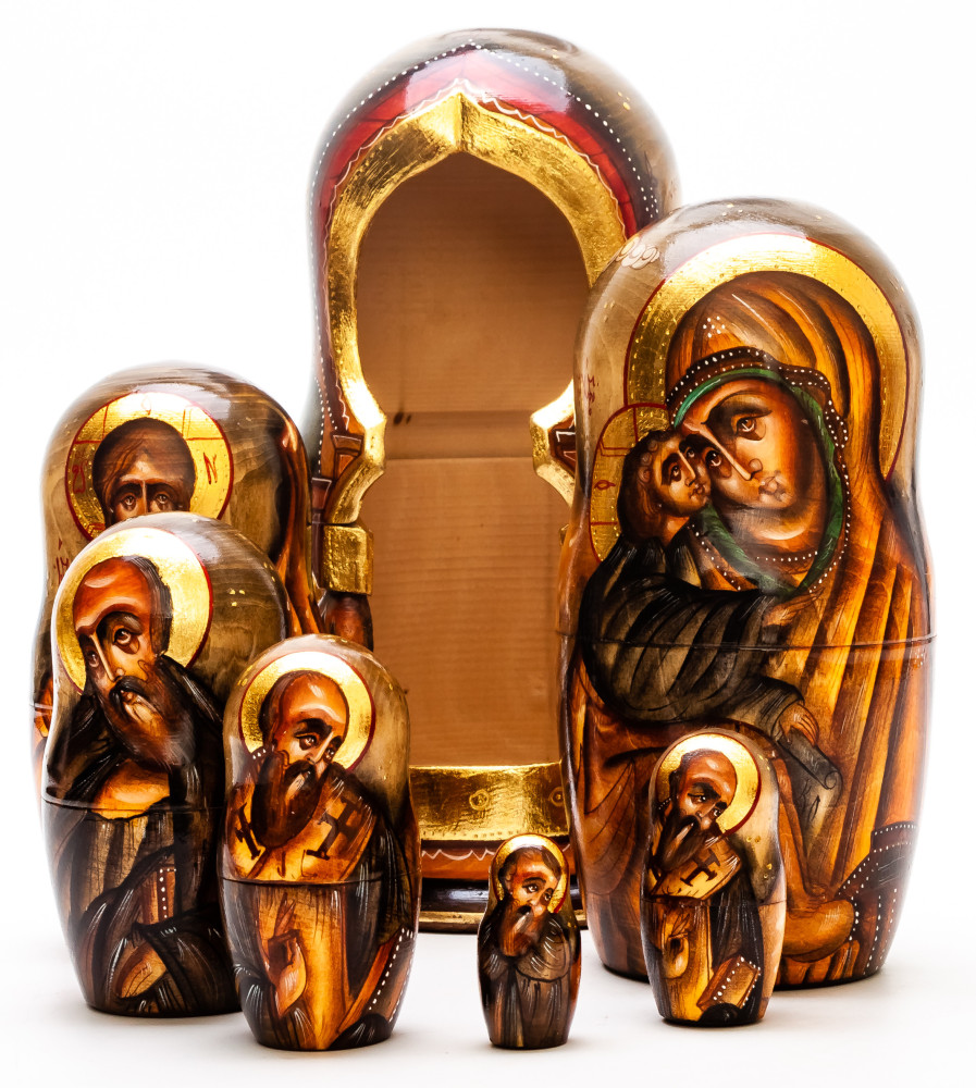 220 mm Russian Orthodox Icon hand painted on carved wooden Matryoshka doll 7 pcs (by Konstantin Studio)