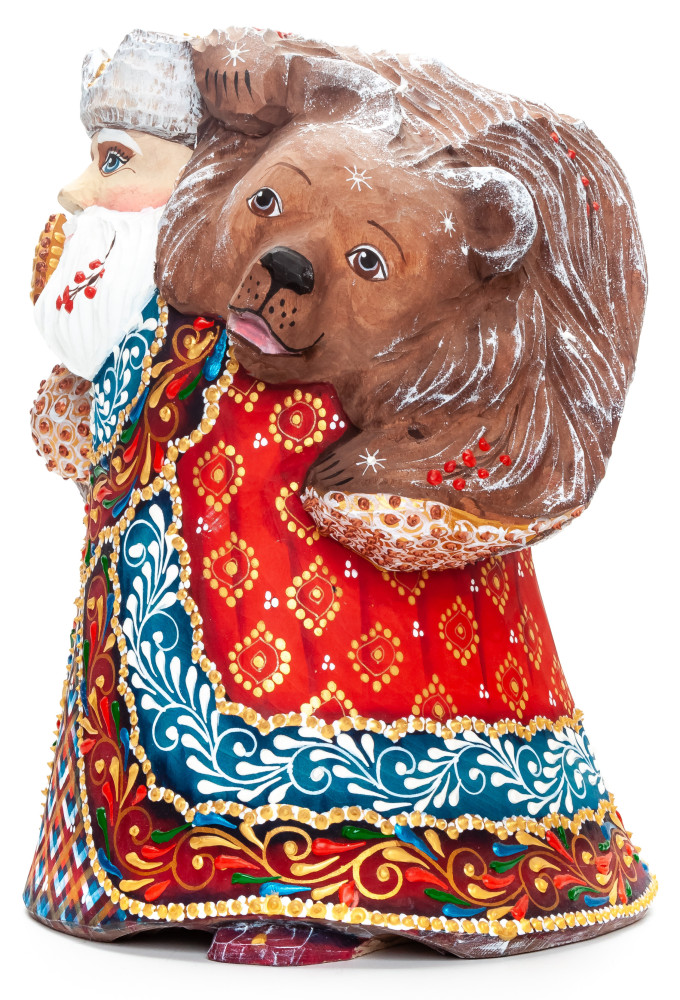 220 mm Santa Claus with a Bear and a Magic Staff Carved Wood Hand Painted Collectible Figurine (by Natalia Nikitina Workshop)