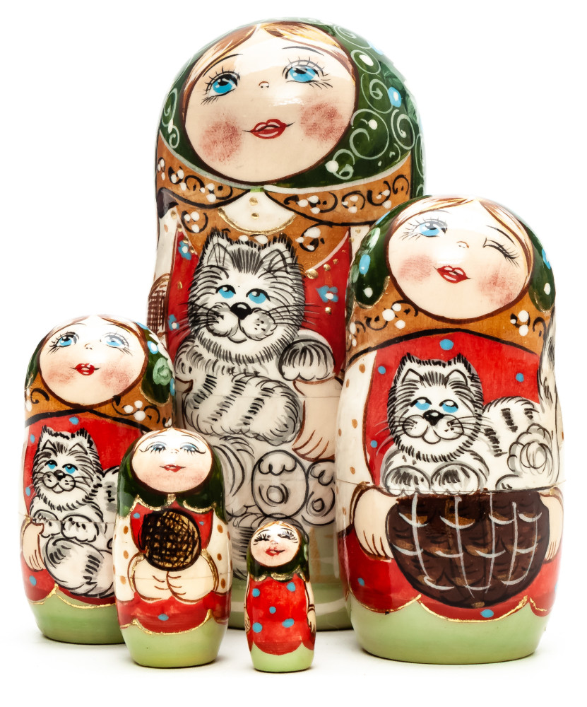 110 mm Russian Girl in Traditional Dress plays with Kitten hand painted wooden Matryoshka doll 5 pcs (by A Studio)