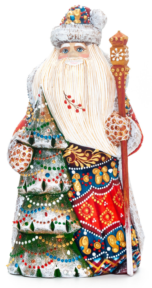 240 mm Santa Claus with a Green Christmas Tree and a Magic Staff Carved Wood Hand Painted Collectible Figurine  (by Natalia Nikitina Workshop)