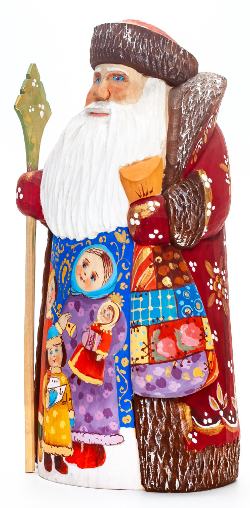 200 mm Santa with a Magic Staff and a Bag with handpainted Playing Children Wooden Carved Statue (by Igor Carved Wooden Figures Studio)