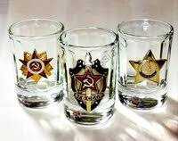 U Faceted Shot Glass with metal badges