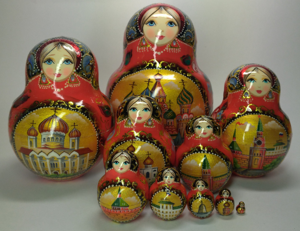 130 mm Moscow Cathedrals hand painted wooden round Matryoshka doll 10 pcs (by A Studio)