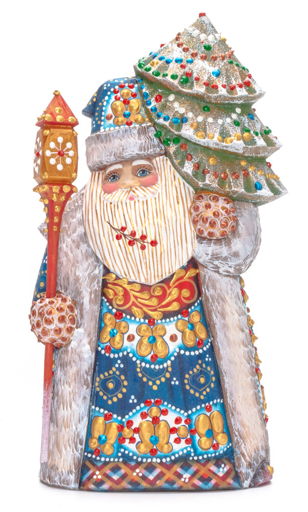 210 mm Santa with a Magic Staff and a Green Christmas Tree Carved Wood Hand Painted Collectible Figurine (by Natalia Nikitina Workshop)