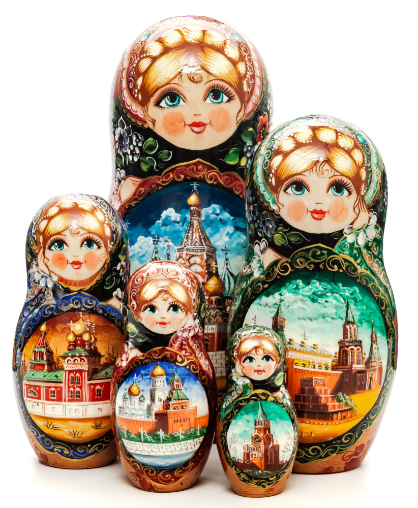 230 mm Moscow Cathedrals Zhostovo hand painted matryoshka doll 5 pcs (by Olga Zaitseva)