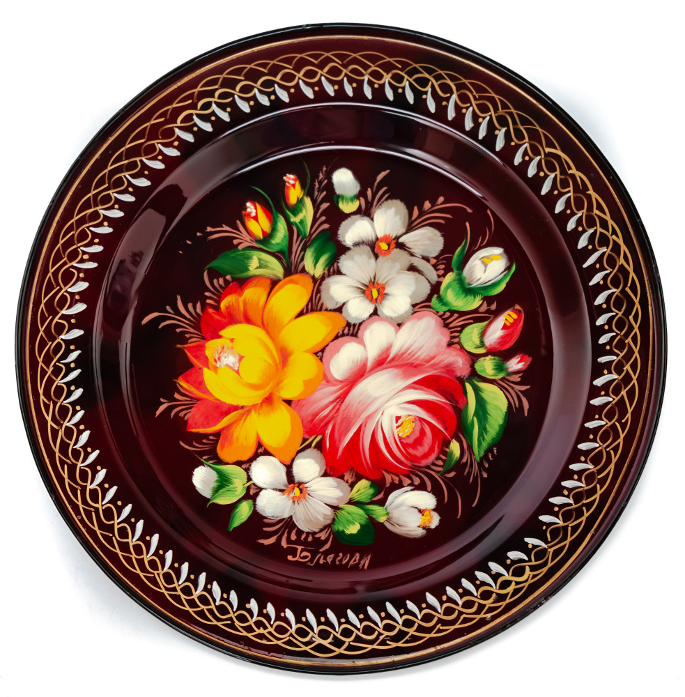  d 180 mm Zhostovo Patterns hand painted and lacquered by Blagova Metal Forged Carmine Tray (by Lada Crafts)